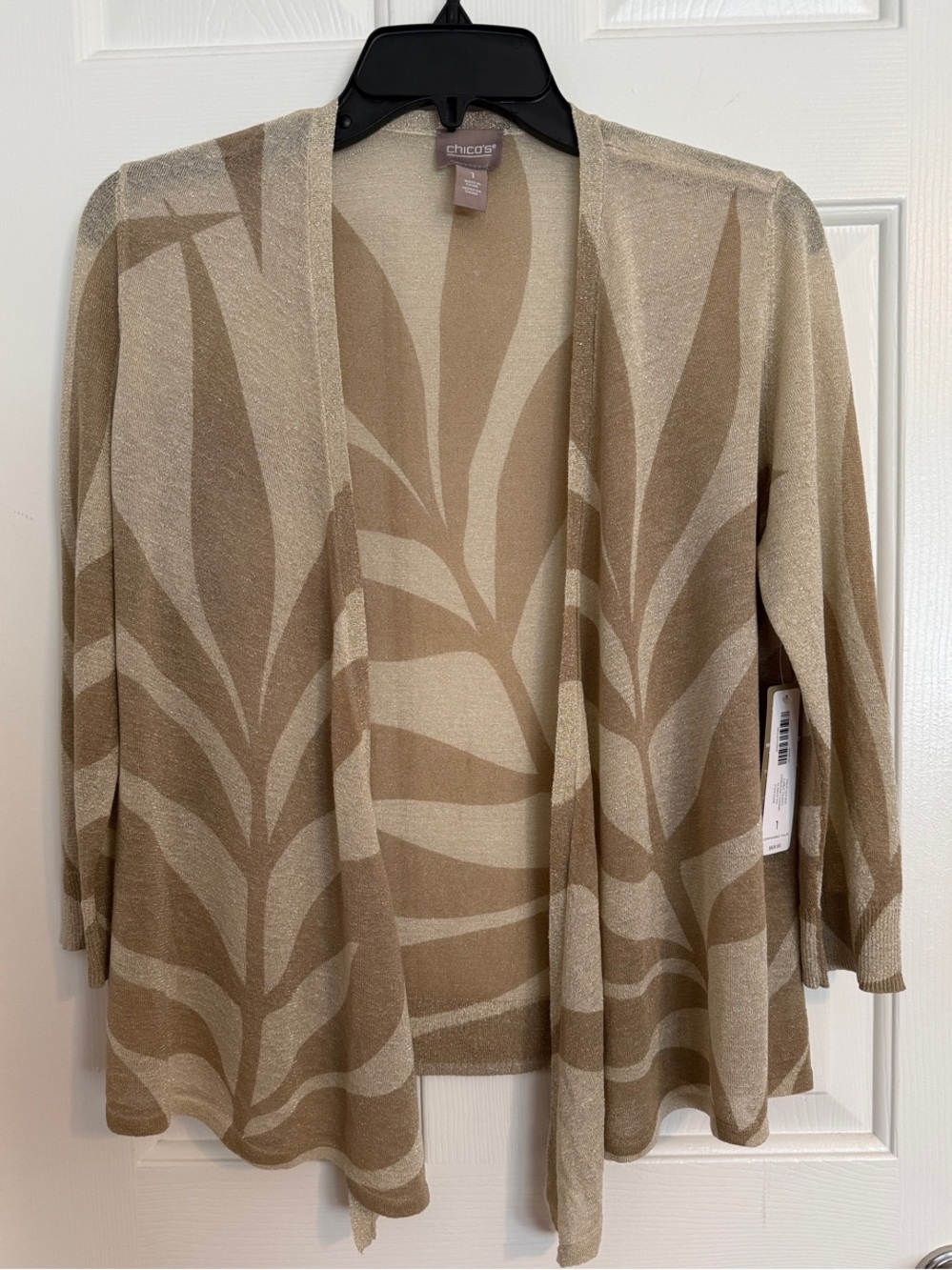 Chico's Open-Front Taupe and Cream Leaf-Print Cardigan
